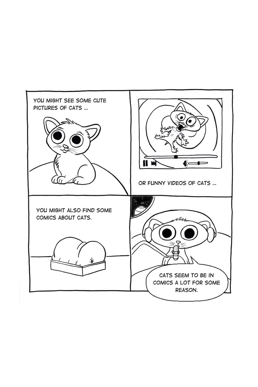 (Various images of cats.) Hiroki: You might see some cute pictures of cats, or funny videos of cats, you also might find some comics about cats. Cats seem to be in comics a lot for some reason.