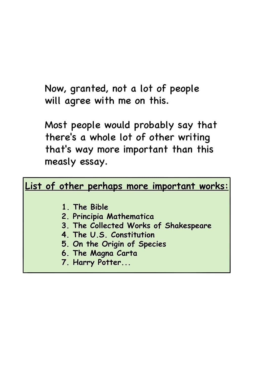 2 - Now, granted, not a lot of people will agree with me on this. Most people would probably say that there's a whole lot of other writing that's way more important than this measly essay. (List of other perhaps more important works: 1. The Bible 2. Principia Mathematica 3. The Collected Works of Shakespeare 4. The U.S. Constitution 5. On the Origin of Species 6. The Magna Carta 7. Harry Potter...)