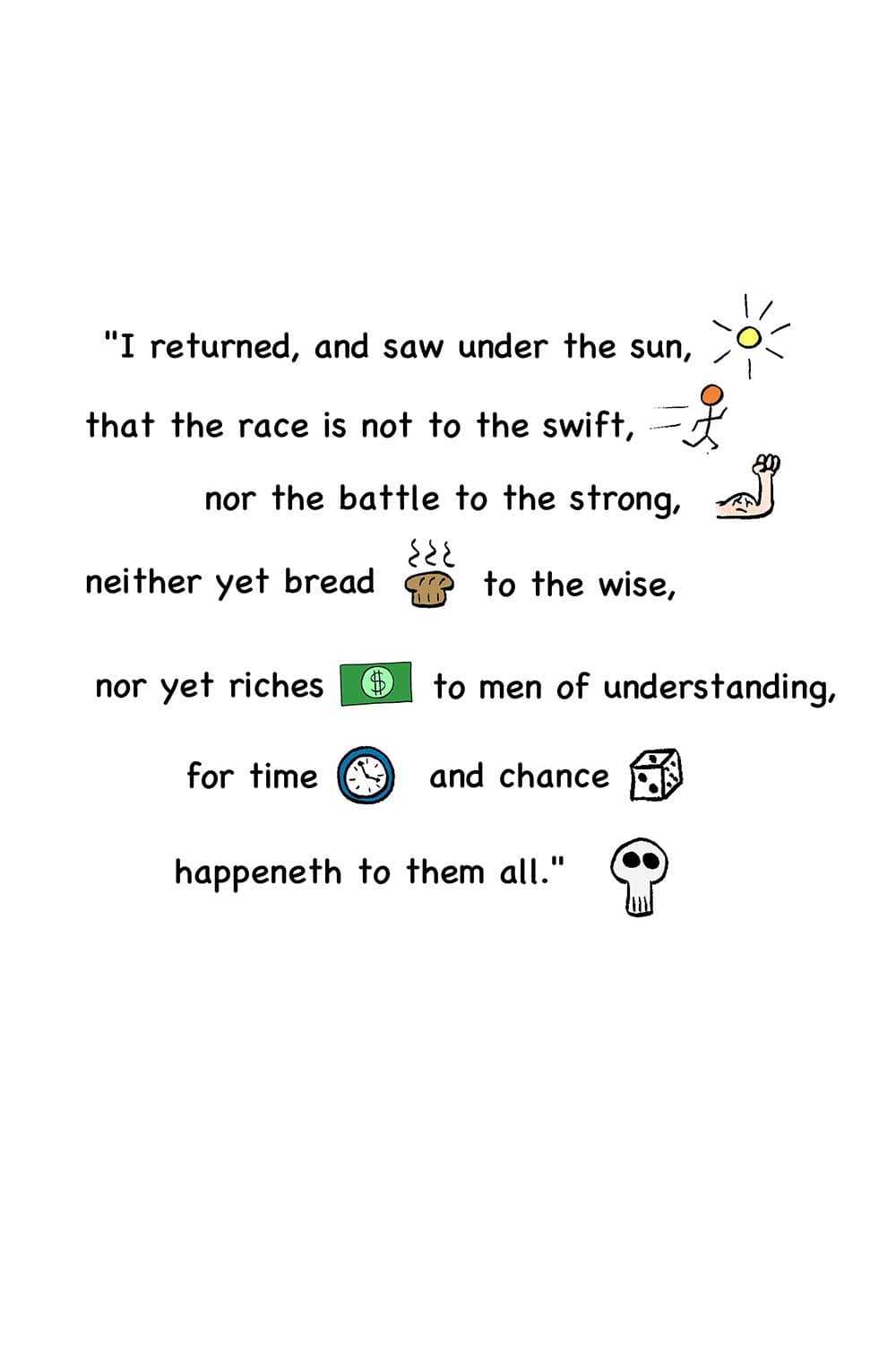 13 - (Text shows images of the sun, a runner, a muscular arm, bread, money, a clock, dice, and a skull.) I returned, and saw under the sun, that the race is not to the swift, nor the battle to the strong, neither yet bread to the wise, nor yet riches to men of understanding, for time and chance happeneth to them all.