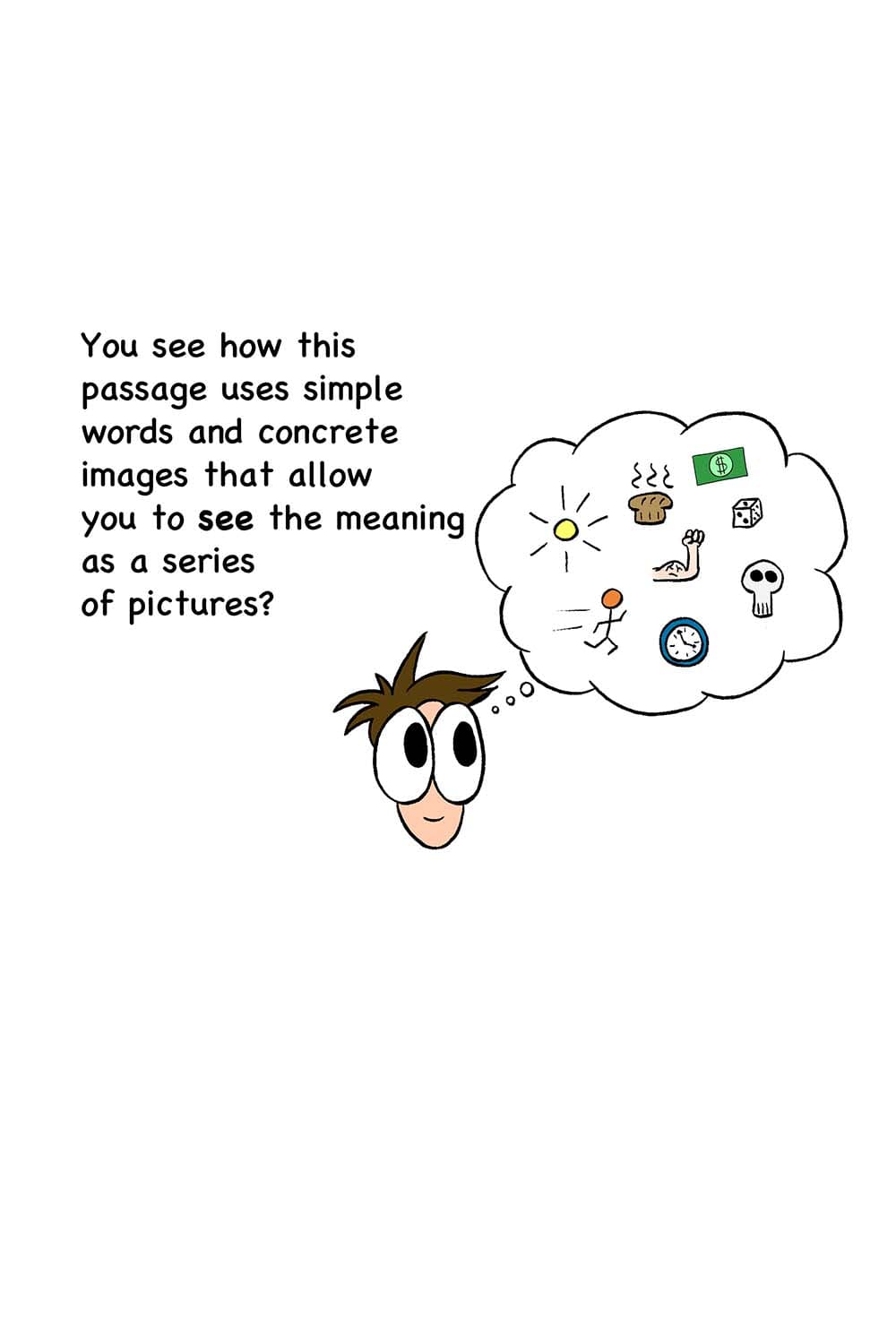 14 - (Cartoon of Inpho recalling all the images from the text.) Orwell: You see how this passage uses simple words and concrete images that allow you to see the meaning as a series of pictures?