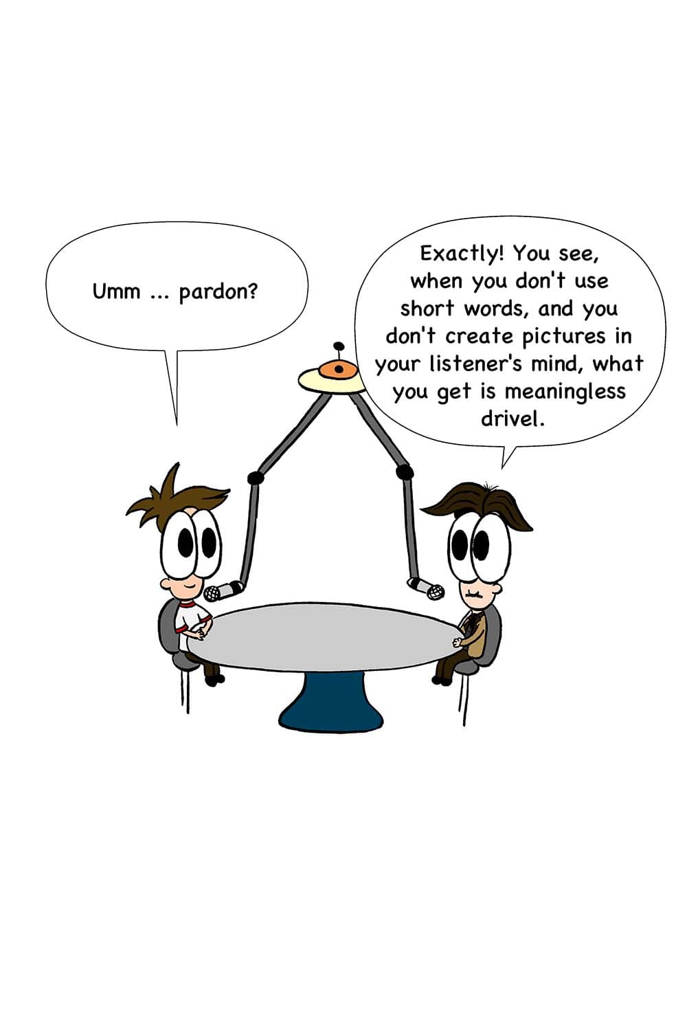 23 - (Back in the podcast studio.) Inpho: Um... pardon? Orwell: Exactly! You see, when you don't use short words, and you don't create pictures in your listener's mind, what you get is meaningless drivel.