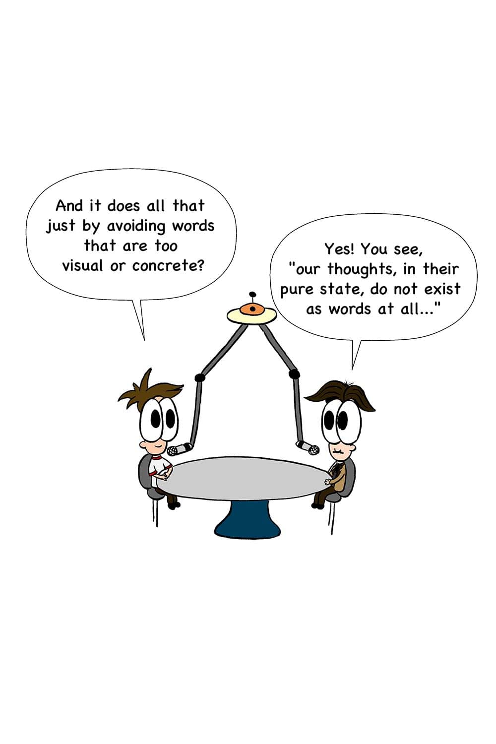 25 - (Back in the podcast studio.) Inpho: And it does all that just by avoiding words that are too visual or concrete? Orwell: Yes! You see, 'our thoughts, in their pure state, do not exist as words at all...'