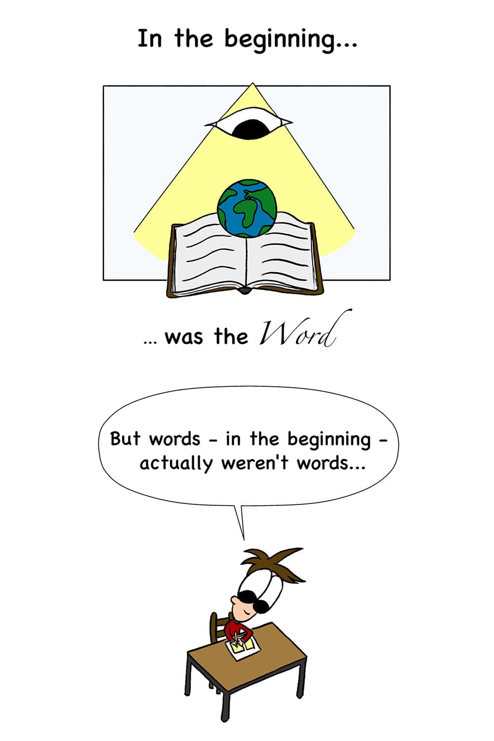 1 - (Cartoon of an eyeball looking down at the earth floating over an open book.) In the beginning was the Word... 2 - (Inpho drawing at his desk.) Inpho: But words--in the beginning--actually weren't words.