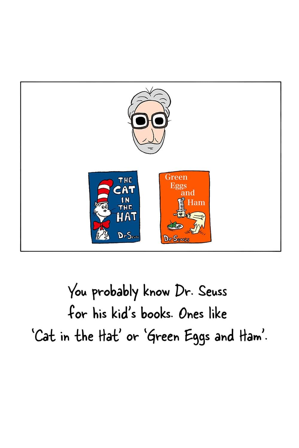 (Dr. Seuss profile with two of his books.) Inpho: 'You probably know Dr. Seuss for his kid's books. Ones like Cat in the Hat or Green Eggs and Ham.'