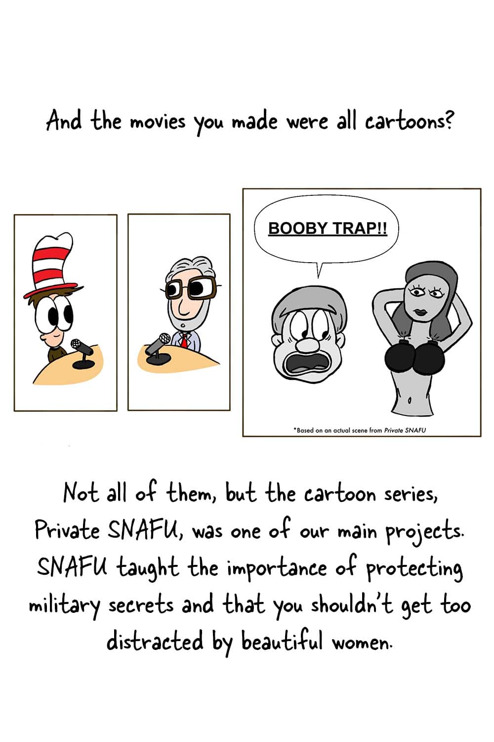 (Inpho, Dr. Seuss, and images from the Private SNAFU cartoon.) Inpho: 'And the movies you made were all cartoons?' Dr. Seuss: 'Not all of them, but the cartoon series, Private SNAFU, was one of our main projects. SNAFU taught the importance of protecting military secrets and that you shouldn't get too distracted by beautiful women.'