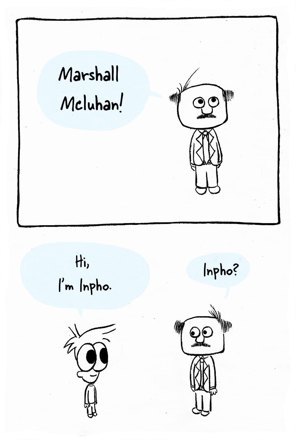 (Marshall Mcluhan appears.) Marshall Mcluhan: 'Marshall Mcluhan!' Inpho: 'Hi, I'm Inpho.' MM: 'Inpho?'