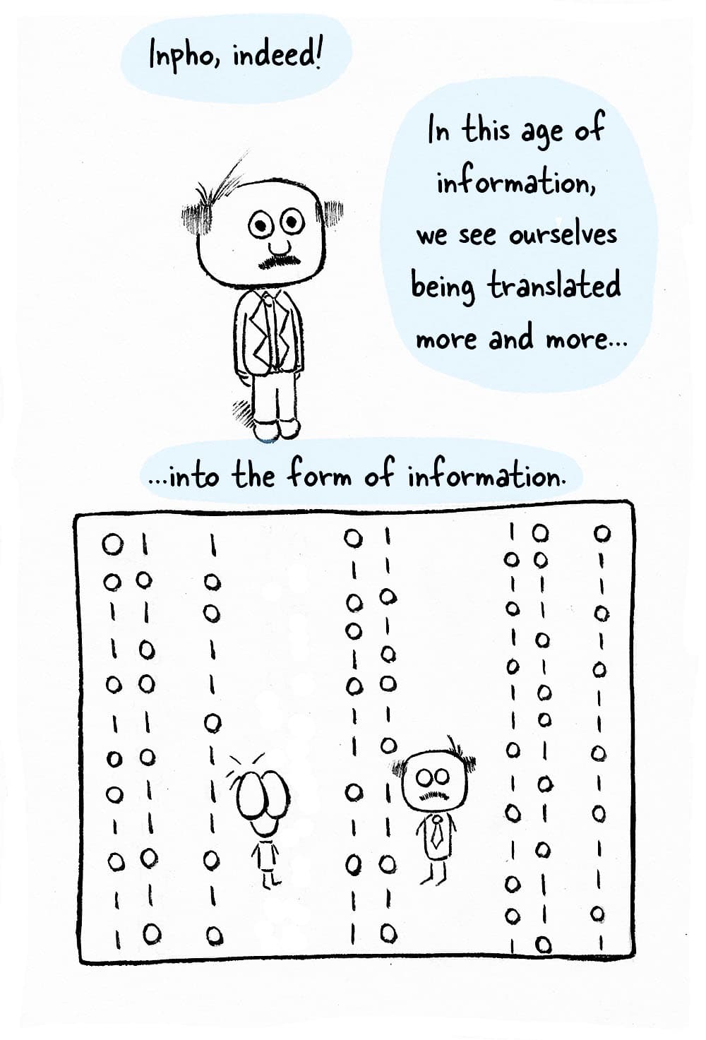 (Marshall Mcluhan and Inpho in a cascade of zeros and ones.) MM: 'Inpho, indeed! In this age of information, we see ourselves being translated more and more into the form of information.'