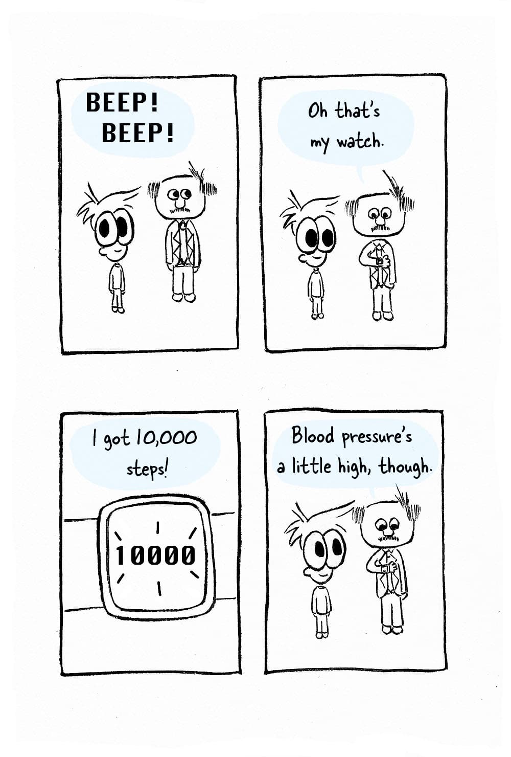 (Mcluhan and Inpho standing still, hear a beep beep.) MM: 'Oh that's my watch. I got 10,000 steps! Blood pressure's a little high, though.'