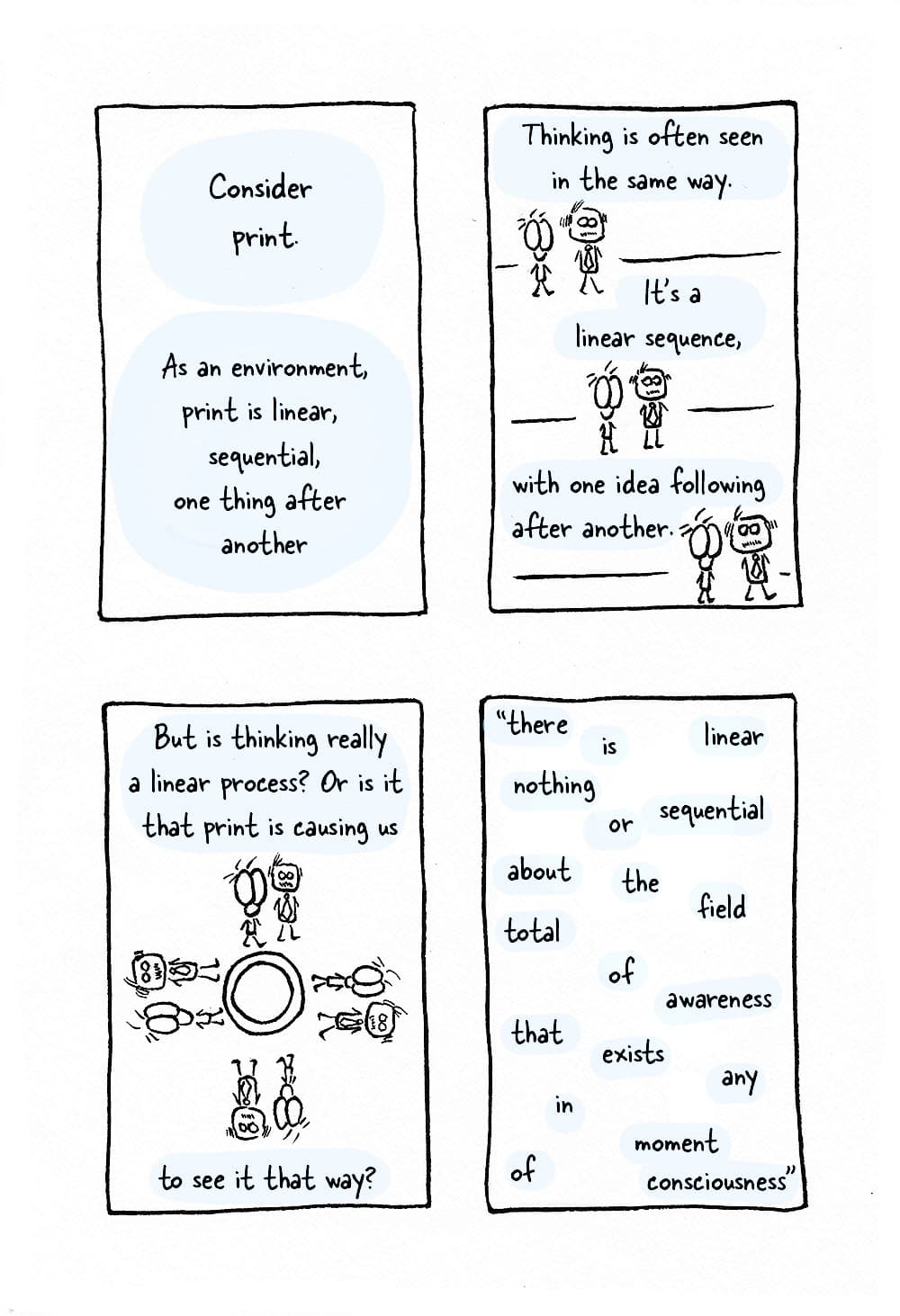 (Mcluhan and Inpho walking first in a straight line, then in a circle.) MM: 'Consider print. As an environment, print is linear, sequential, one thing after another. Thinking is often seen in the same way. It's a linear sequence, with one idea following after another. But is thinking really a linear process? Or is it that print is causing us to see it that way? There is nothing linear or sequential about the total field of awareness that exists in any moment of consciousness.'